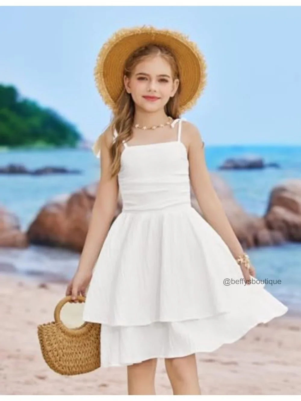 Girls Summer Spaghetti Strap Dress Flowy Ruched Back Sundress